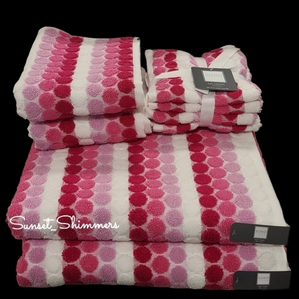 6pc Soho Living Bath Hand Tip Striped Dot Pink Ombre Towel Set New - Picture 11 of 11